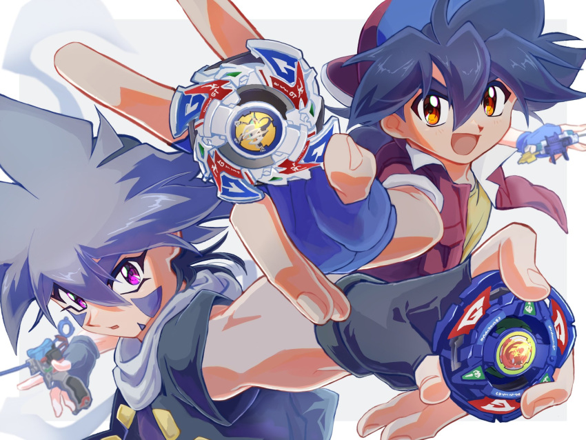 2boys backwards_hat bakuten_shoot_beyblade baseball_cap beyblade beyblade_(object) black_gloves blue_gloves blue_hair brown_eyes facial_mark fingerless_gloves gloves hat highres hiwatari_kai holding jacket kinomiya_takao male_focus medium_hair multiple_boys open_mouth outstretched_arm purple_eyes red_jacket scarf serious shirt simple_background sleeve_rolled_up smile smirk solo spiked_hair tkoknmy0321 upper_body white_background white_scarf yellow_shirt