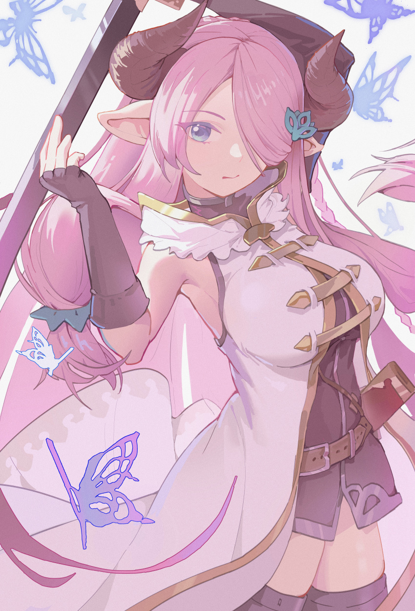 1girl absurdres arm_up black_gloves blue_eyes brown_horns bug butterfly closed_mouth commentary_request cowboy_shot draph fingerless_gloves gloves granblue_fantasy hair_over_one_eye hand_up highres holding holding_weapon horns huaano long_hair looking_at_viewer narmaya_(granblue_fantasy) one_eye_covered pink_hair pointy_ears solo very_long_hair weapon