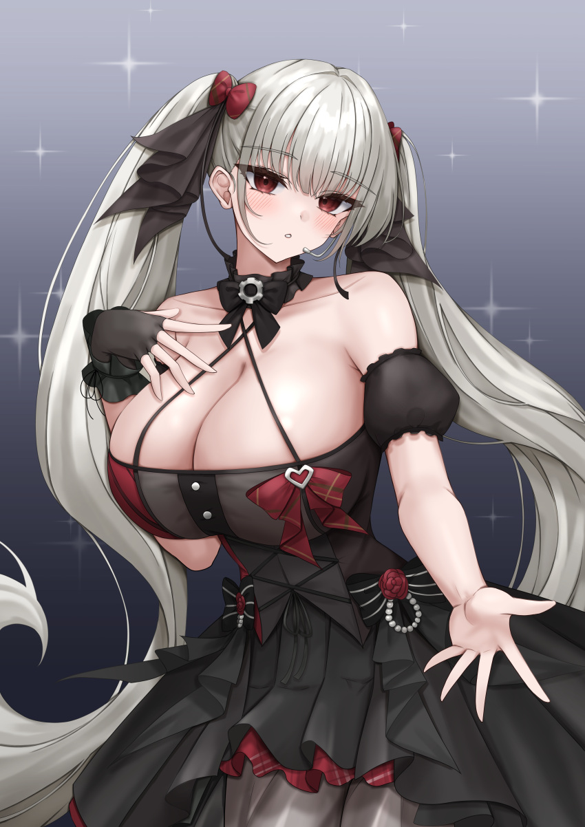 1girl absurdres azur_lane bare_shoulders black_dress black_gloves blush bow breasts cleavage collarbone commentary_request dress fingerless_gloves formidable_(azur_lane) formidable_(muse)_(azur_lane) gloves gradient_background hair_bow hair_ornament hand_up highres large_breasts long_hair looking_at_viewer official_alternate_costume parted_lips red_bow red_eyes simple_background solo twintails ueyama_0clock white_hair