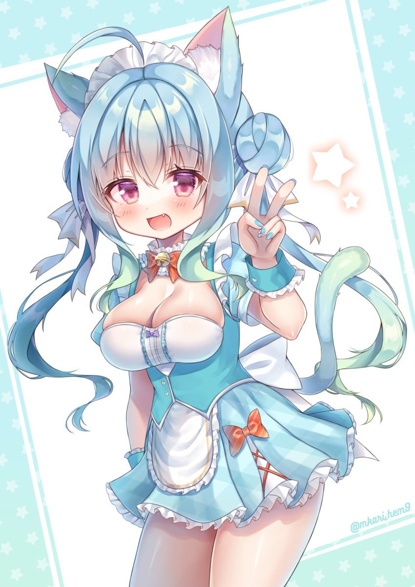 1girl :d ahoge animal_ear_fluff animal_ears aqua_hair aqua_wristband arm_at_side back_bow bell blue_dress blue_hair blue_nails blush bow bowtie breasts cat_ears cat_girl cat_tail center_frills cleavage collar cowboy_shot detached_collar double_bun dress dress_bow eyelashes fang frilled_dress frills hair_between_eyes hair_bun hair_ribbon hand_up highres himeno_ame jingle_bell long_hair looking_at_viewer maid maid_headdress medium_breasts multicolored_hair nail_polish neck_bell open_mouth original pink_eyes pleated_dress red_bow red_bowtie ribbon short_dress short_sleeves sidelocks smile star_(symbol) striped_bow tail twintails twitter_username v white_bow white_collar white_ribbon wrist_cuffs