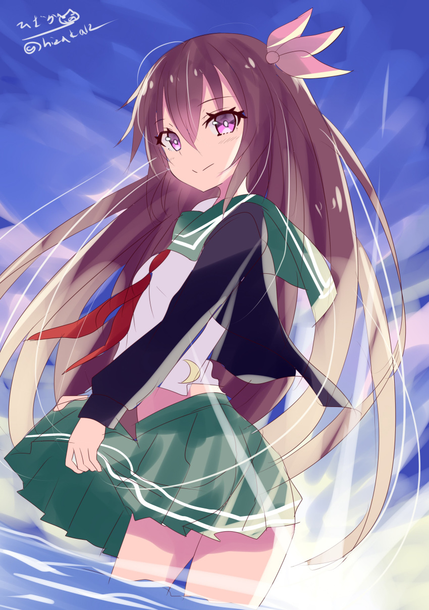 1girl absurdres blue_sky blush closed_mouth crescent crescent_moon_pin eyebrows_visible_through_hair gradient_hair gradient_sky green_serafuku green_skirt hair_between_eyes hair_ornament highres hizaka kantai_collection kisaragi_(kantai_collection) lifted_by_self long_hair looking_at_viewer multicolored_hair pleated_skirt purple_eyes purple_hair remodel_(kantai_collection) school_uniform serafuku skirt sky smile solo