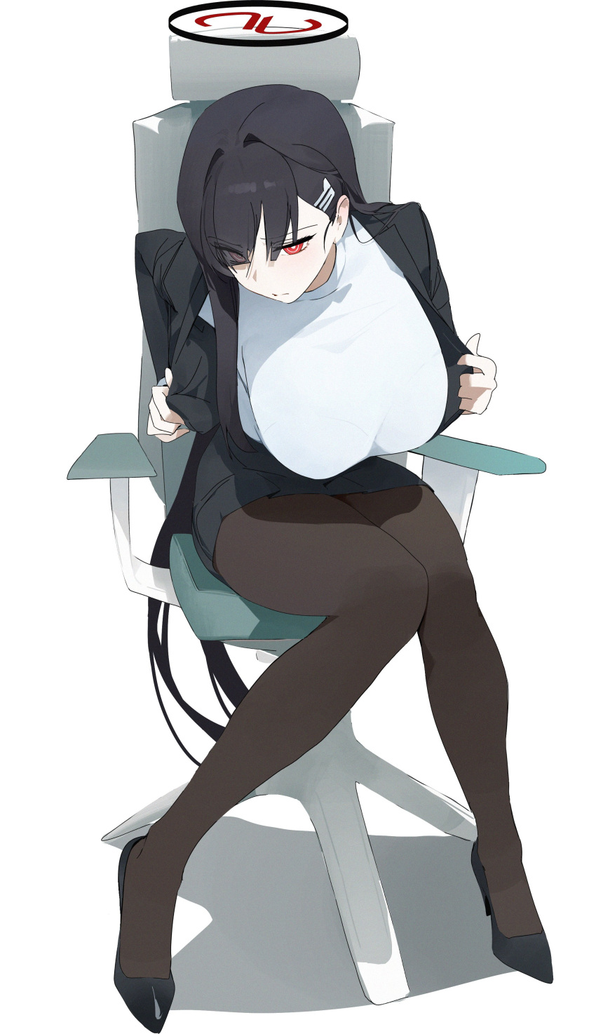 1girl absurdres black_footwear black_hair black_jacket black_pantyhose black_skirt blue_archive breasts dokshuri hair_over_one_eye halo highres huge_breasts jacket long_hair open_clothes open_jacket pantyhose pencil_skirt red_eyes ringed_eyes rio_(blue_archive) sitting skirt solo sweater swivel_chair very_long_hair white_sweater