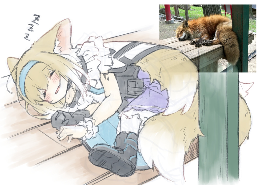 1girl animal_ear_fluff animal_ears arknights black_footwear blonde_hair blue_hairband blush boots braid closed_eyes commentary_request fox fox_ears fox_girl fox_tail grin hairband highres kitsune long_hair parted_lips photo-referenced photo_inset reference_inset scrunchie semi_colon simple_background sketch sleeping smile suzuran_(arknights) tail white_background wrist_scrunchie zzz