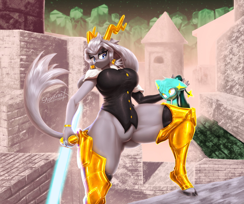 absurd_res accessory anthro antlers armor big_breasts black_clothing blue_body blue_eyes blue_fur bovid bracelet breasts butt butt_from_the_front button_(fastener) caprine clothing duo eyebrows featureless_crotch felid feline female frown fur generation_4_pokemon goat gold_(metal) gold_armor gold_bracelet gold_jewelry greaves grey_body grey_fur grey_hair hair hair_accessory hair_ring hi_res holding_another hooves horn hybrid jackalope jewelry lagomorph leg_armor legwear leporid looking_at_another male mammal melee_weapon nintendo pokemon pokemon_(species) pseudoregalia rabbit remn_the_shinx remnartx shinx size_difference smaller_male starstrikex sybil_(pseudoregalia) tail thick_eyebrows thick_thighs thigh_highs weapon yellow_eyes yellow_horn