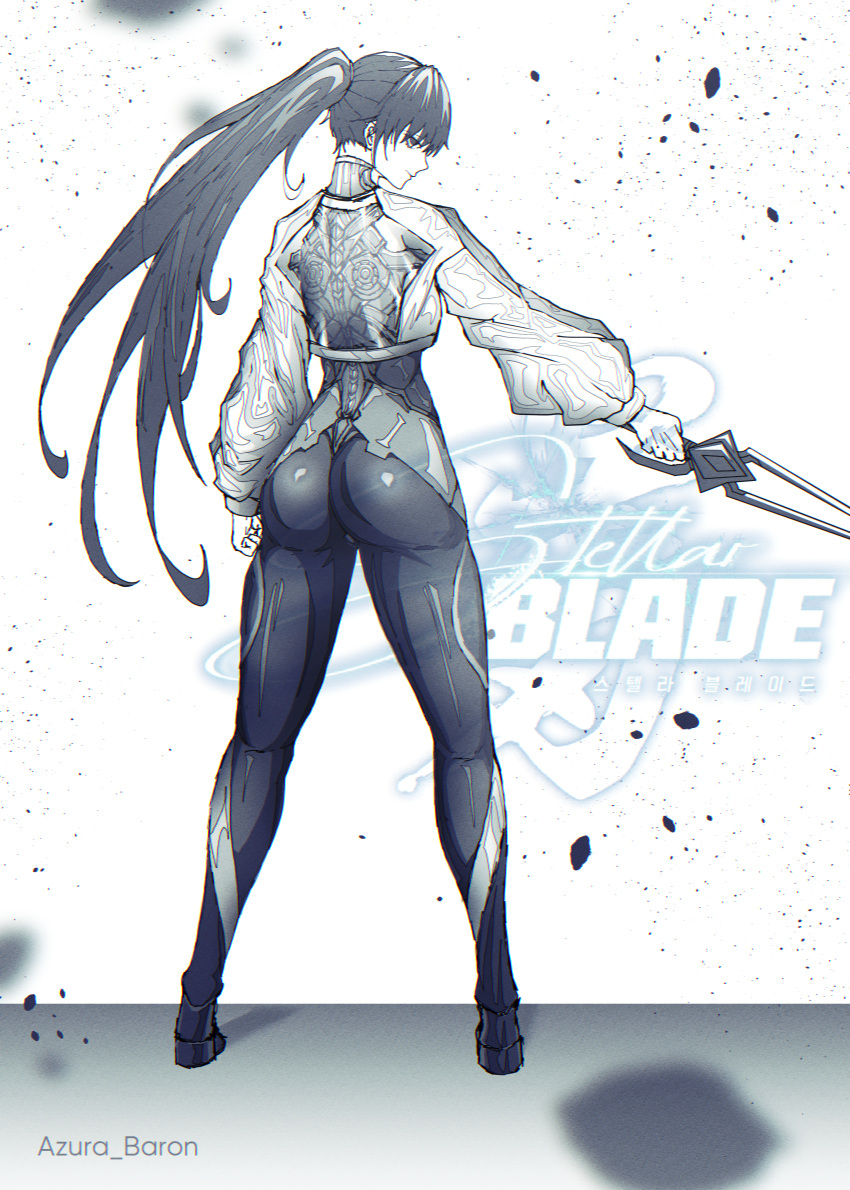 1girl absurdres artist_name ass azura_anblue bodysuit copyright_name cropped_jacket debris eve_(stellar_blade) from_behind highres holding holding_sword holding_weapon impossible_bodysuit impossible_clothes long_hair long_sleeves looking_at_viewer looking_back monochrome orca_exploration_suit_(stellar_blade) profile simple_background skin_tight solo stellar_blade sword very_long_hair weapon