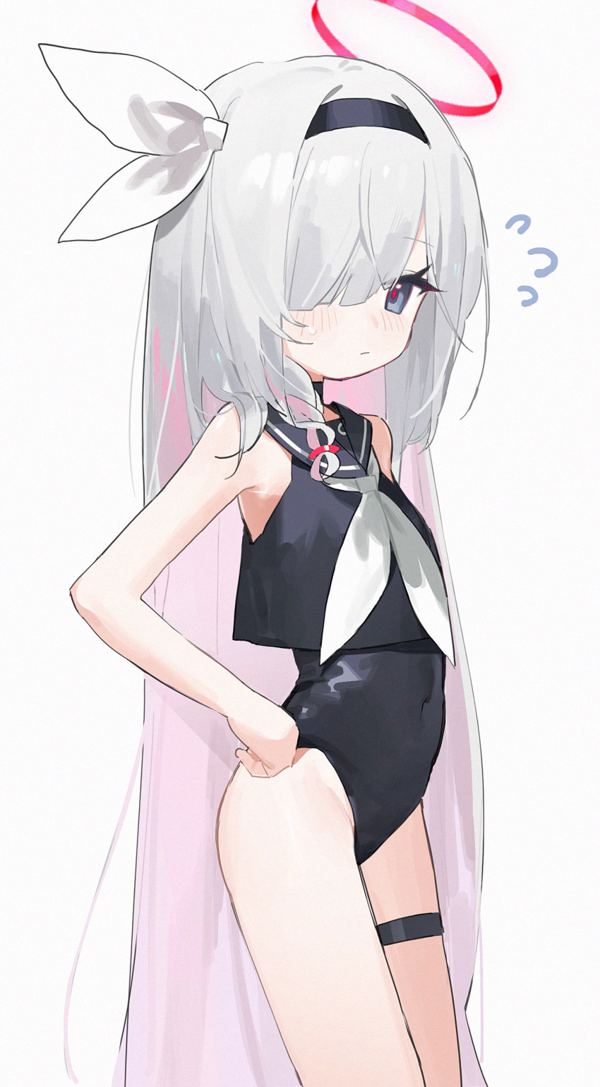 1girl absurdres alternate_costume black_eyes black_hairband black_shirt blue_archive closed_mouth colored_inner_hair flat_chest grey_hair hair_over_one_eye hairband halo highres long_hair looking_at_viewer measho multicolored_hair neckerchief pink_hair plana_(blue_archive) red_eyes red_halo shirt sleeveless sleeveless_shirt solo thigh_strap thighs very_long_hair white_neckerchief