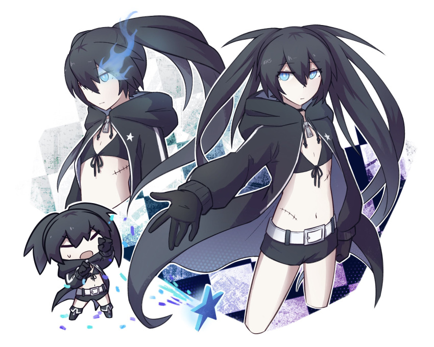 1girl belt bikini black_bikini black_gloves black_hair black_jacket black_rock_shooter black_rock_shooter_(character) black_shorts blue_eyes blue_fire fire flaming_eye gloves highres jacket long_hair mehyuew39 scar shorts star_(symbol) swimsuit twintails