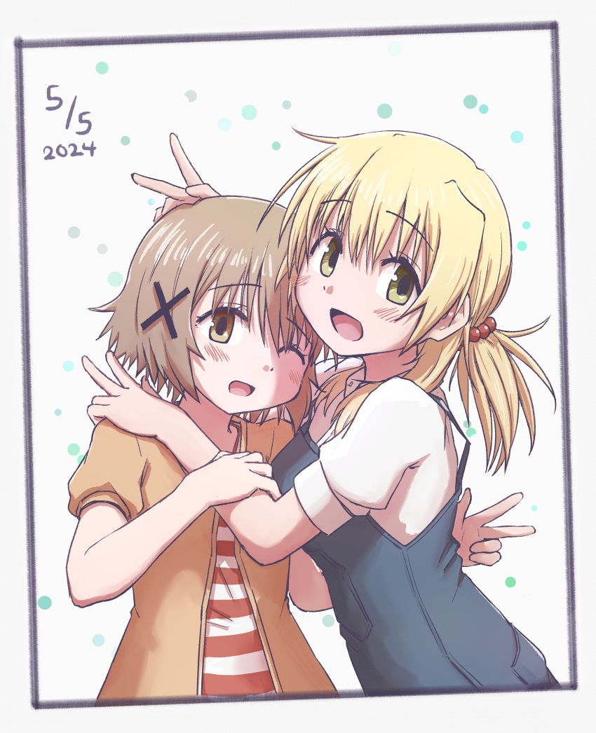 2girls absurdres blonde_hair blush brown_eyes brown_hair dated hair_ornament hairclip hidamari_sketch highres miyako_(hidamari_sketch) multiple_girls open_mouth short_hair x_hair_ornament yuno_(hidamari_sketch) yunoppi