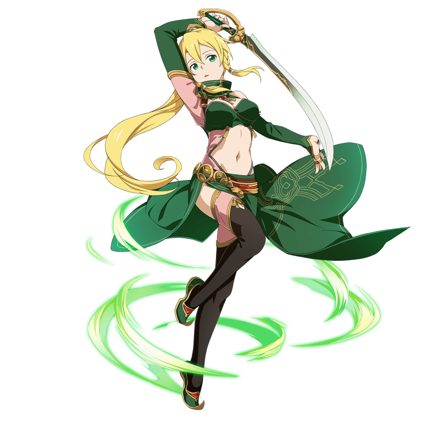 1girl arm_up armpits black_legwear blonde_hair braid breasts cleavage detached_sleeves floating_hair green_eyes green_skirt green_sleeves groin hair_between_eyes highleg highleg_panties highres holding holding_sword holding_weapon jewelry leafa leg_up long_hair long_sleeves looking_at_viewer medium_breasts navel official_art open_mouth panties ponytail ring saber_(weapon) see-through side_slit skirt solo standing standing_on_one_leg sword sword_art_online thighhighs thumb_ring transparent_background twin_braids underwear very_long_hair weapon