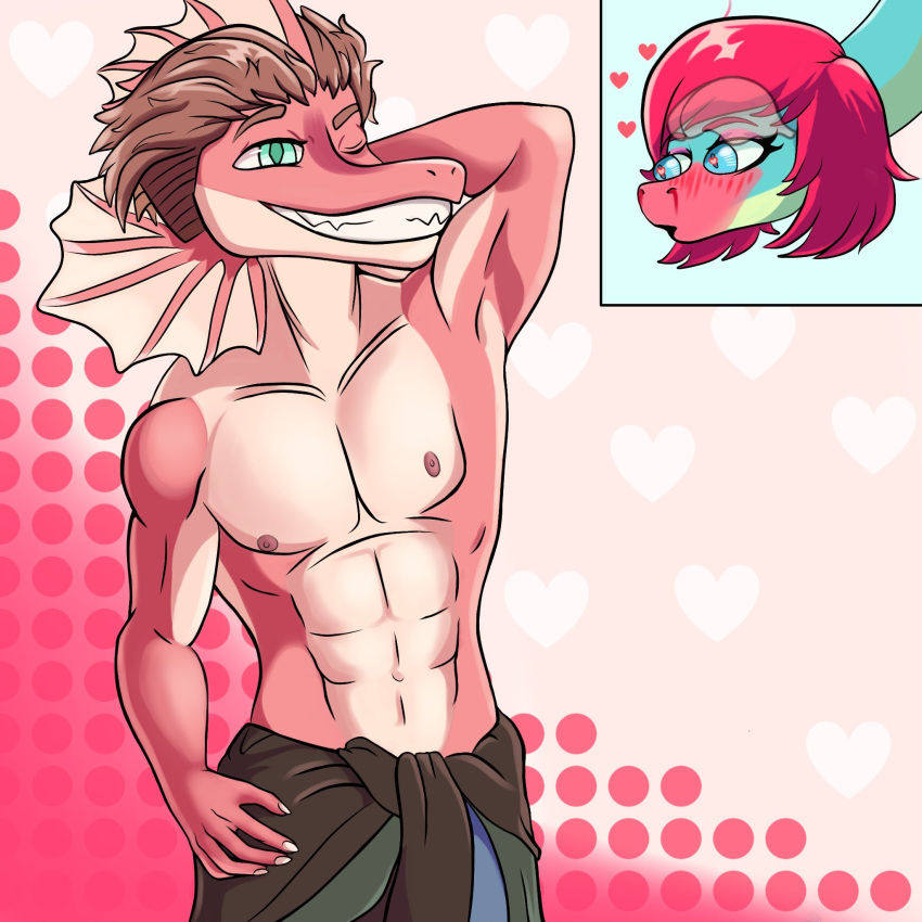 1:1 2024 5_fingers abs abstract_background anime_nosebleed anthro areola athletic athletic_anthro athletic_male blue_eyes blush brachiosaurid brachiosaurus brown_hair cavemanon_studios clothed clothing damien_payne digital_drawing_(artwork) digital_media_(artwork) dilophosaurid dilophosaurus dinosaur duo eyelashes female fingers frill_(anatomy) green_body green_scales hair hand_behind_head heart_eyes heart_symbol hi_res i_wani_hug_that_gator liz_farlane long_neck male multicolored_body multicolored_scales nipples one_eye_closed pecs pink_hair red_body red_scales reptile sauropod sauropodomorph scales scalie sharp_teeth short_hair sir_rockect smile tan_body tan_scales teal_eyes teeth theropod topless topless_anthro topless_male turquoise_body turquoise_scales two_tone_body two_tone_scales wink