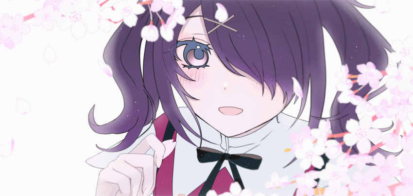 1girl absurdres ame-chan_(needy_girl_overdose) black_hair black_ribbon brown_eyes cherry_blossoms collared_shirt commentary_request flower hair_ornament hair_over_one_eye hand_up highres long_hair looking_at_viewer neck_ribbon needy_girl_overdose open_mouth pink_flower red_shirt ribbon shirt smile solo suspenders twintails uiha_xxx upper_body x_hair_ornament