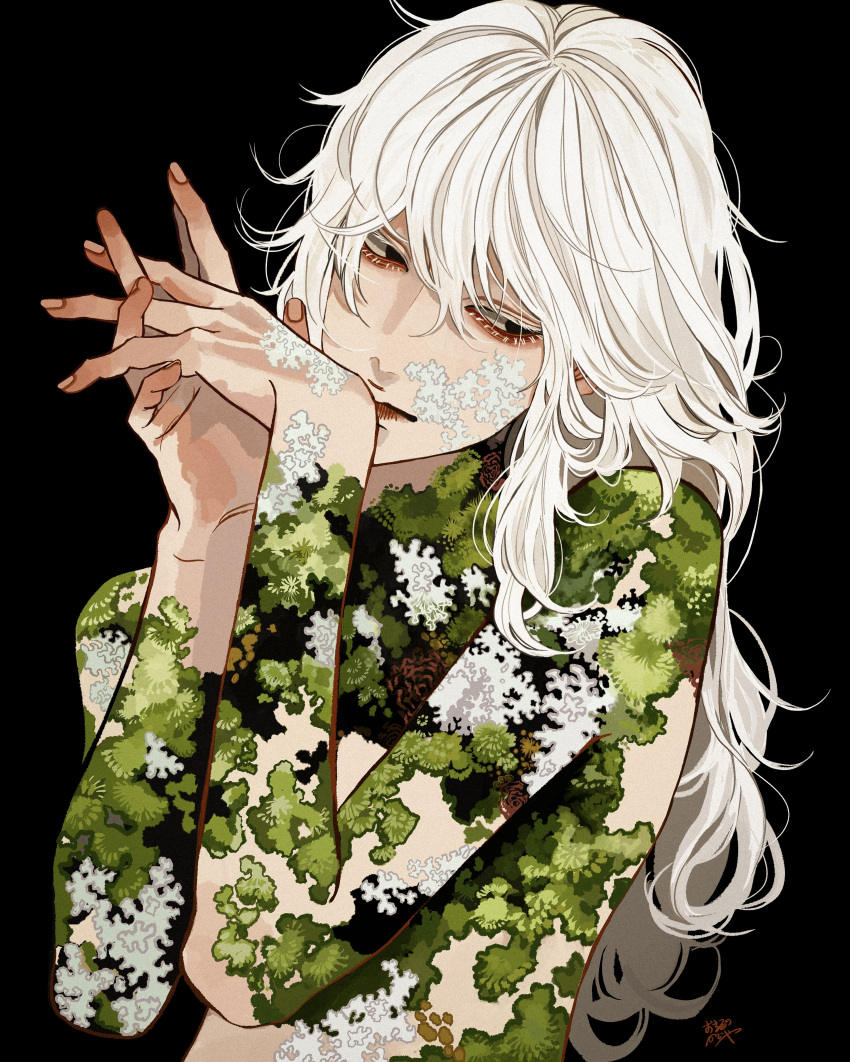 1boy absurdres black_background black_eyes closed_mouth fingernails hands_up highres kagoya1219 long_hair male_focus original own_hands_together sideways_glance signature simple_background solo topless_male upper_body white_hair