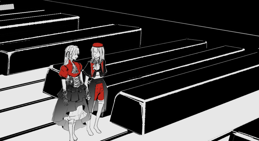 2girls ascot bang_dream! bang_dream!_it's_mygo!!!!! capelet closed_mouth collared_shirt commentary corset gloves greyscale hashtag-only_commentary hat highres holding_hands long_hair looking_at_another mini_person minigirl monochrome multiple_girls open_mouth red_hat red_shirt red_shorts shirt short_sleeves shorts sigangsan skirt smile spot_color standing thighhighs togawa_sakiko wakaba_mutsumi