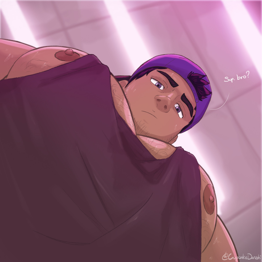 1boy :/ absurdres backwards_hat bara baseball_cap black_hair black_tank_top cupcake_danshi dark-skinned_male dark_skin facial_hair foreshortening from_below goatee_stubble hat highres large_pectorals looking_at_viewer looking_down male_focus meme muscular muscular_male nipple_slip nipples original pectoral_cleavage pectoral_focus pectorals photo-referenced short_hair sidepec solo sparse_chest_hair stubble sweat tank_top thick_eyebrows upper_body yur_oc_like_this_(meme)