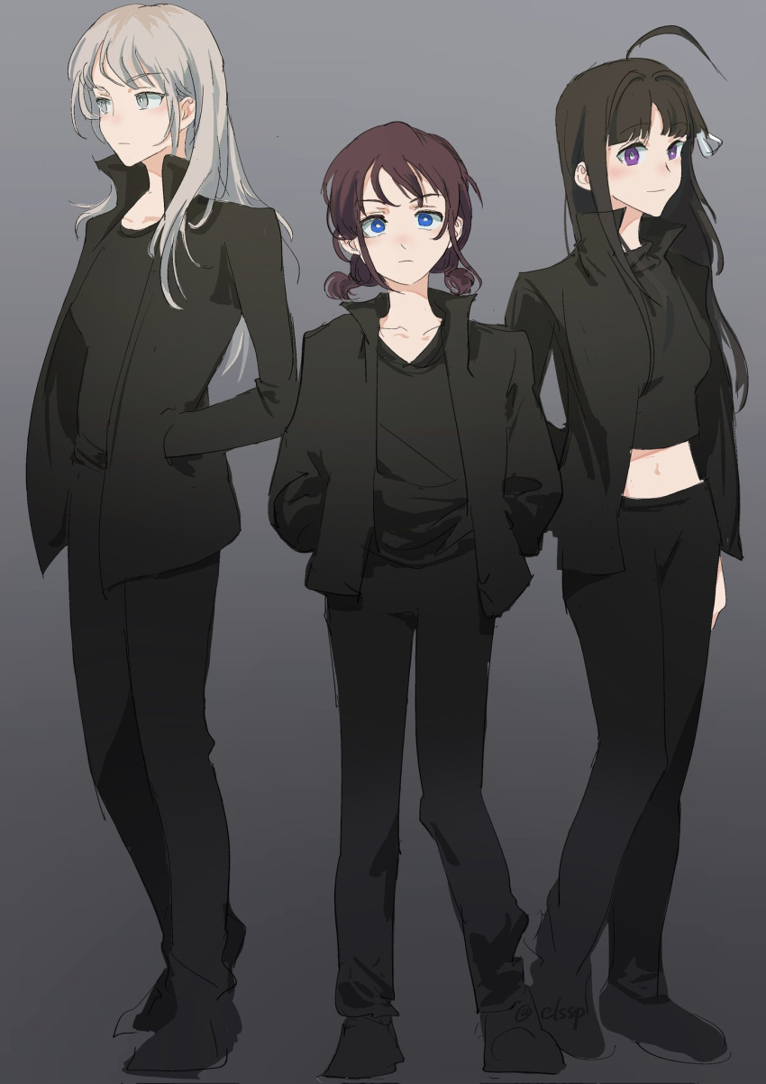 3girls ahoge awa_subaru black_footwear black_hair black_jacket black_pants black_shirt blue_eyes breasts brown_hair closed_mouth commentary cropped_shirt elsspsleep full_body girls_band_cry gradient_background grey_background grey_eyes grey_hair hair_ribbon hands_in_pockets highres iseri_nina jacket kawaragi_momoka long_hair looking_at_viewer low_twintails midriff multicolored_hair multiple_girls open_clothes open_jacket pants purple_eyes ribbon roots_(hair) shirt short_twintails sidelocks small_breasts standing symbol-only_commentary twintails twitter_username white_ribbon