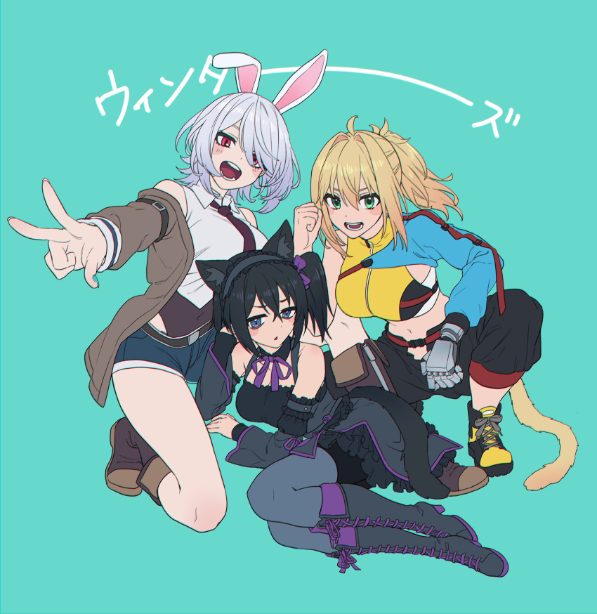 3girls ahoge animal_ears arm_support bags_under_eyes bandeau bare_shoulders black_dress black_footwear black_hair black_leotard black_necktie black_pants black_sleeves blonde_hair blue_background blush boots breasts brown_jacket cat_ears cat_girl cat_tail collared_shirt commentary_request cropped_jacket denim denim_shorts detached_sleeves dress frilled_hairband frills full_body furrowed_brow green_eyes grey_hair grey_pantyhose hair_intakes hairband hand_on_own_head head_rest high_heel_boots high_heels highleg highleg_leotard highres jacket keenu_(winterz.) knee_boots large_breasts leotard leotard_under_clothes long_sleeves looking_at_viewer lying mechanical_arms midriff monkey_girl monkey_tail multiple_girls namiko817 navel neck_ribbon necktie omochi_(winterz.) on_one_knee on_side open_clothes open_jacket open_mouth outstretched_arm pants pantyhose ponytail purple_ribbon rabbit_ears rabbit_girl red_eyes ribbon shirt short_dress short_hair short_shorts shorts side_ponytail simple_background single_mechanical_arm single_sleeve smile squatting tail toshiya_(winterz.) translation_request virtual_youtuber w white_bandeau white_shirt winterz. yellow_jacket