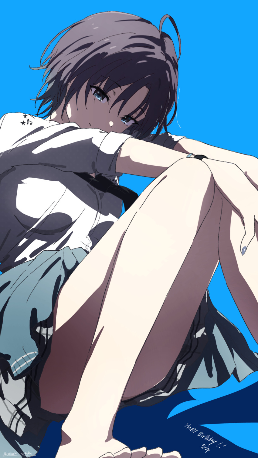 1girl ahoge asakura_toru bare_legs barefoot black_necktie blue_background blue_cardigan breasts cardigan cardigan_around_waist clothes_around_waist dated grey_hair grey_skirt happy_birthday highres idolmaster idolmaster_shiny_colors knees_together_feet_apart looking_at_viewer medium_breasts misaki_nonaka necktie school_uniform shirt simple_background skirt smile solo white_shirt