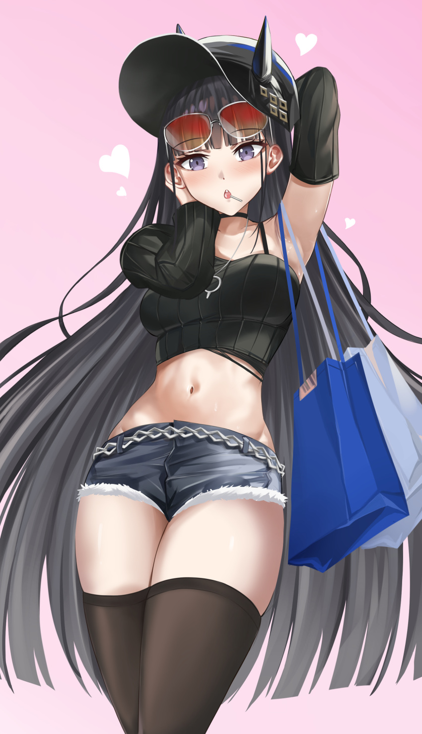 1girl absurdres adone_(pluemza021) arm_behind_head armpits azur_lane bag black_hair blush breasts crop_top demon_girl detached_sleeves eyewear_on_head hand_up hat heart highres hip_focus horns horns_through_headwear legs_together long_hair looking_at_viewer medium_breasts micro_shorts midriff navel noshiro_(dressed-up_date)_(azur_lane) oni purple_eyes shopping_bag shorts single_bare_shoulder solo sunglasses thighhighs thighs torn_clothes torn_shorts very_long_hair