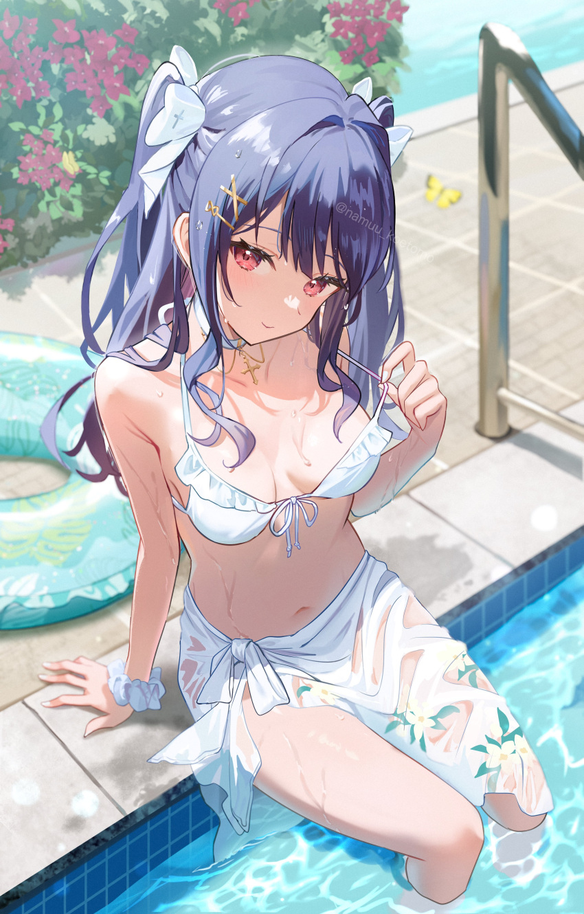 1girl absurdres bikini blue_hair blush bow breasts cleavage collar cross frilled_bikini frills hair_bow hair_ornament hairclip highres indie_virtual_youtuber lifebuoy long_hair medium_breasts navel omelet_tomato outdoors pool red_eyes sarong second-party_source seijo_namuu smile solo swim_ring swimsuit two_side_up virtual_youtuber water wet white_bikini white_bow white_collar