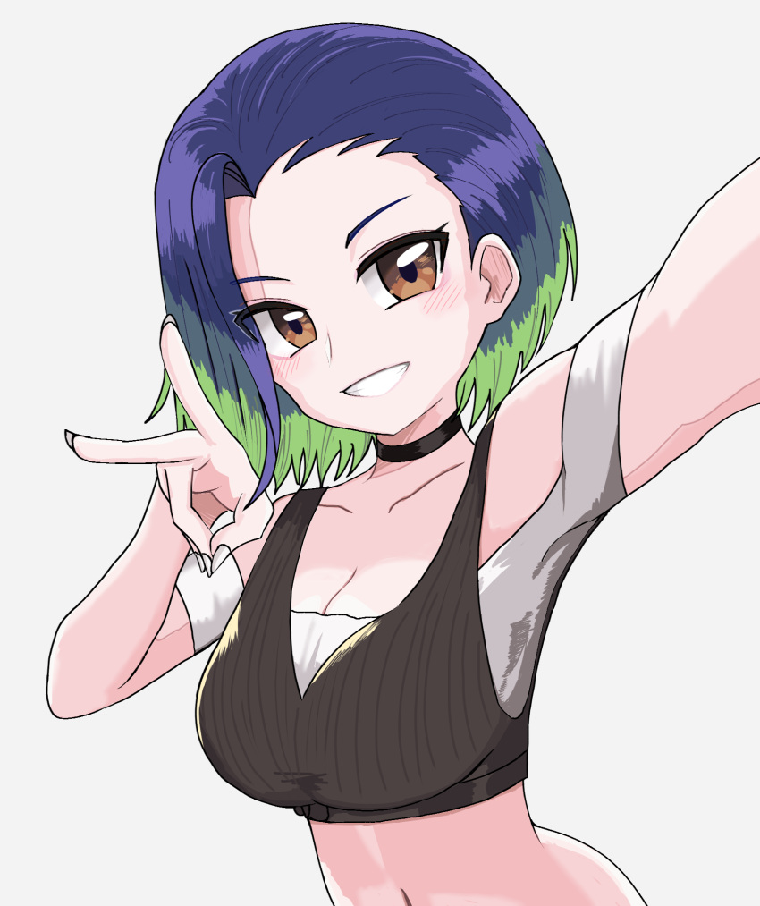 1girl bare_shoulders black_choker blue_hair bob_cut breasts brown_eyes camera choker collarbone crop_top gradient_hair grey_shirt highres holding holding_camera loose_hair_strand medium_breasts midriff multicolored_hair navel pan_mi_8 perrin_(pokemon) pokemon pokemon_sv ribbed_shirt selfie shirt sleeveless sleeveless_shirt solo undershirt upper_body v-neck