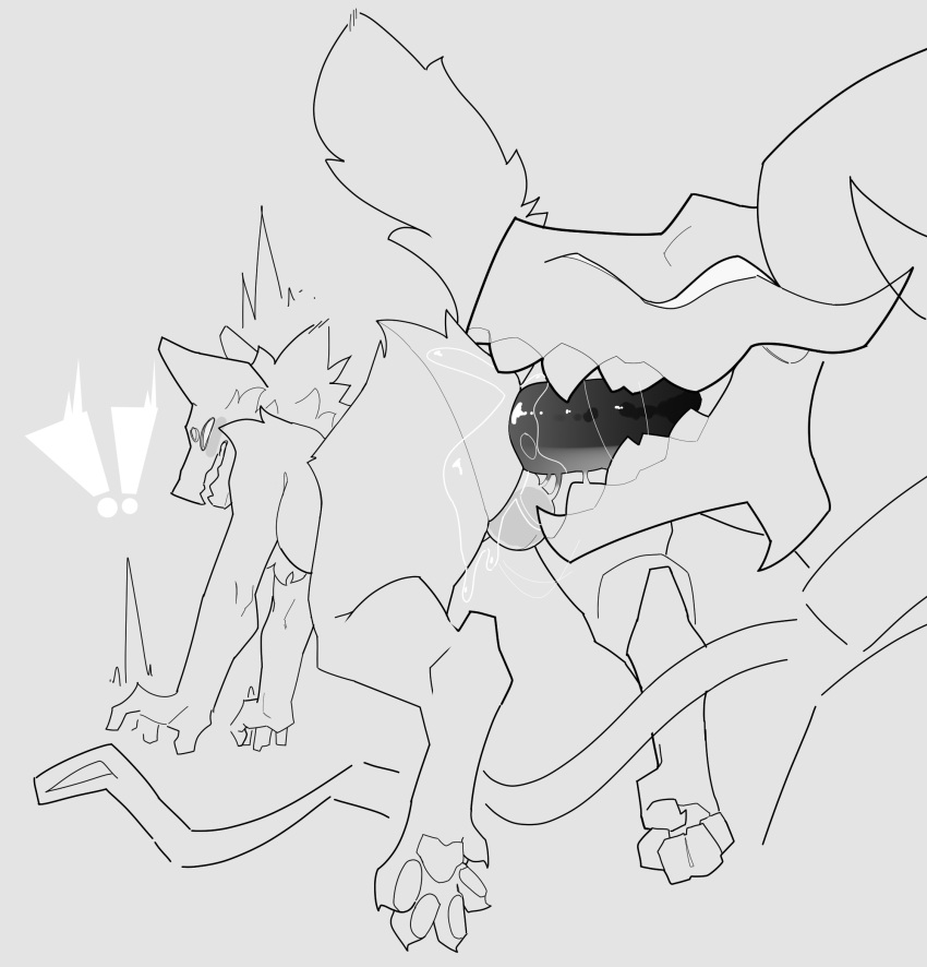 anthro balls black_tongue bodily_fluids bone canid canine duo exclamation_point fox genitals hi_res leash long_tongue male male/male mammal paws questionable_consent rear_view reptile saliva scalie servali_sketch sex size_difference skull surprised tongue tongue_insertion