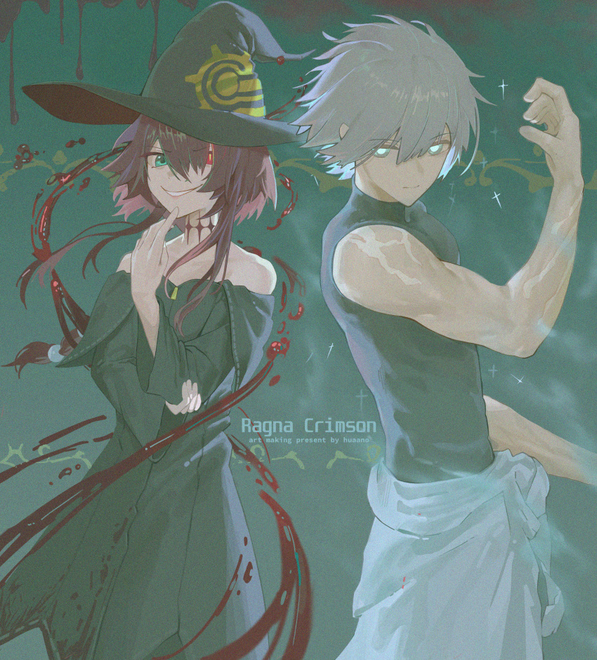 1boy 1girl absurdres bare_shoulders black_dress black_hat black_shirt blood closed_mouth clothes_around_waist commentary_request copyright_name cowboy_shot crimson_(ragna_crimson) dress green_eyes grey_hair hair_between_eyes hair_over_one_eye hand_on_own_elbow hand_up hat heterochromia highres huaano jacket jacket_around_waist long_hair looking_at_viewer ragna_crimson raguna red_eyes red_hair shirt short_hair sleeveless sleeveless_shirt smirk white_jacket witch_hat