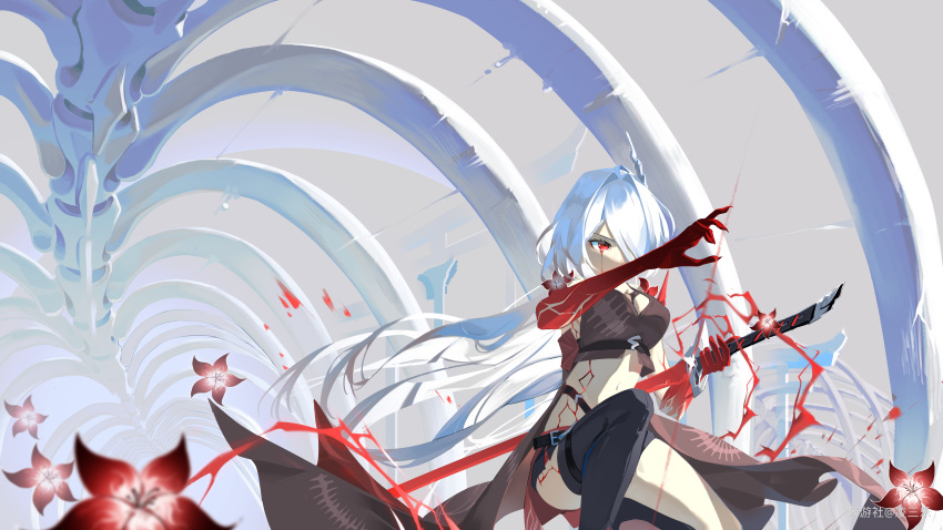 1girl absurdres acheron_(honkai:_star_rail) artist_name asymmetrical_legwear black_coat body_markings boots breasts cleavage coat coattails commentary_request electricity flower foot_out_of_frame hair_intakes hair_ornament hair_over_one_eye highres holding holding_sword holding_weapon honkai:_star_rail honkai_(series) large_breasts ling_san_le looking_ahead midriff multiple_torii navel official_alternate_color on_one_knee red_eyes red_flower solo solo_focus sword thigh_boots torii weapon white_hair