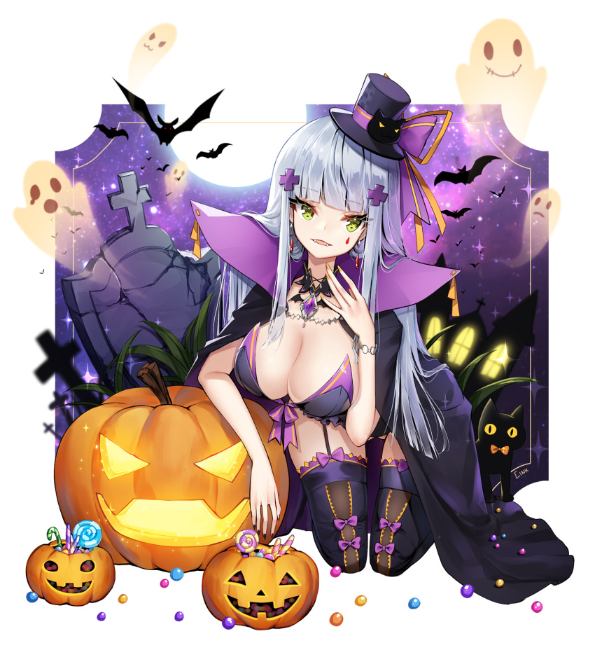 1girl animal ankkoyom bangs bat black_cat blunt_bangs blush bracelet breasts candy cape cat cleavage earrings facial_mark fangs food full_moon garter_straps gem ghost girls_frontline green_eyes hair_ornament halloween hat highres hk416_(girls_frontline) jack-o'-lantern jewelry large_breasts lollipop long_hair mini_hat moon nail_polish necklace open_mouth silver_hair solo sparkle star_(sky) teardrop thighhighs tombstone top_hat