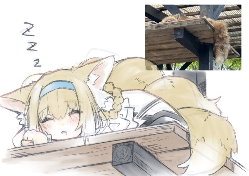 1girl animal_ear_fluff animal_ears arknights blonde_hair blue_hairband braid closed_eyes commentary_request fox fox_ears fox_girl fox_tail hairband highres kitsune long_hair photo-referenced photo_inset reference_inset semi_colon simple_background sketch sleeping suzuran_(arknights) tail white_background zzz