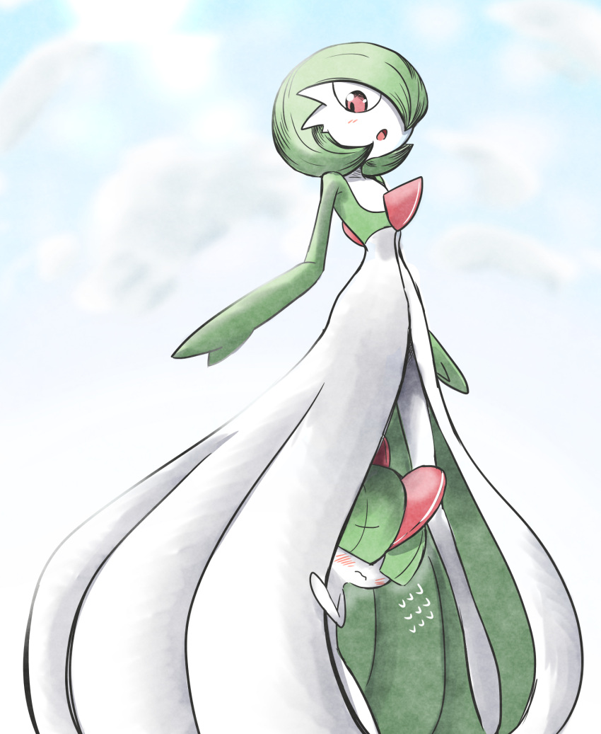 blue_sky blush bob_cut cloud colored_skin dress flying_sweatdrops gardevoir green_hair hair_over_eyes highres kashiwa_(3920kashiwa) multicolored_skin open_mouth pink_eyes pokemon pokemon_(creature) ralts sky two-tone_skin white_dress white_skin