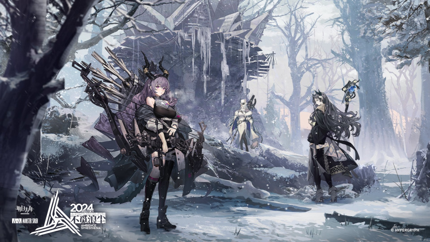 3girls ambience_synesthesia animal_ears arknights black_hair bow bow_(weapon) cane grey_hair highres holding holding_bow_(weapon) holding_cane holding_weapon horns long_hair multiple_girls official_art purple_eyes purple_hair santalla_(arknights) snowing tail typhon_(arknights) valarqvin_(arknights) weapon