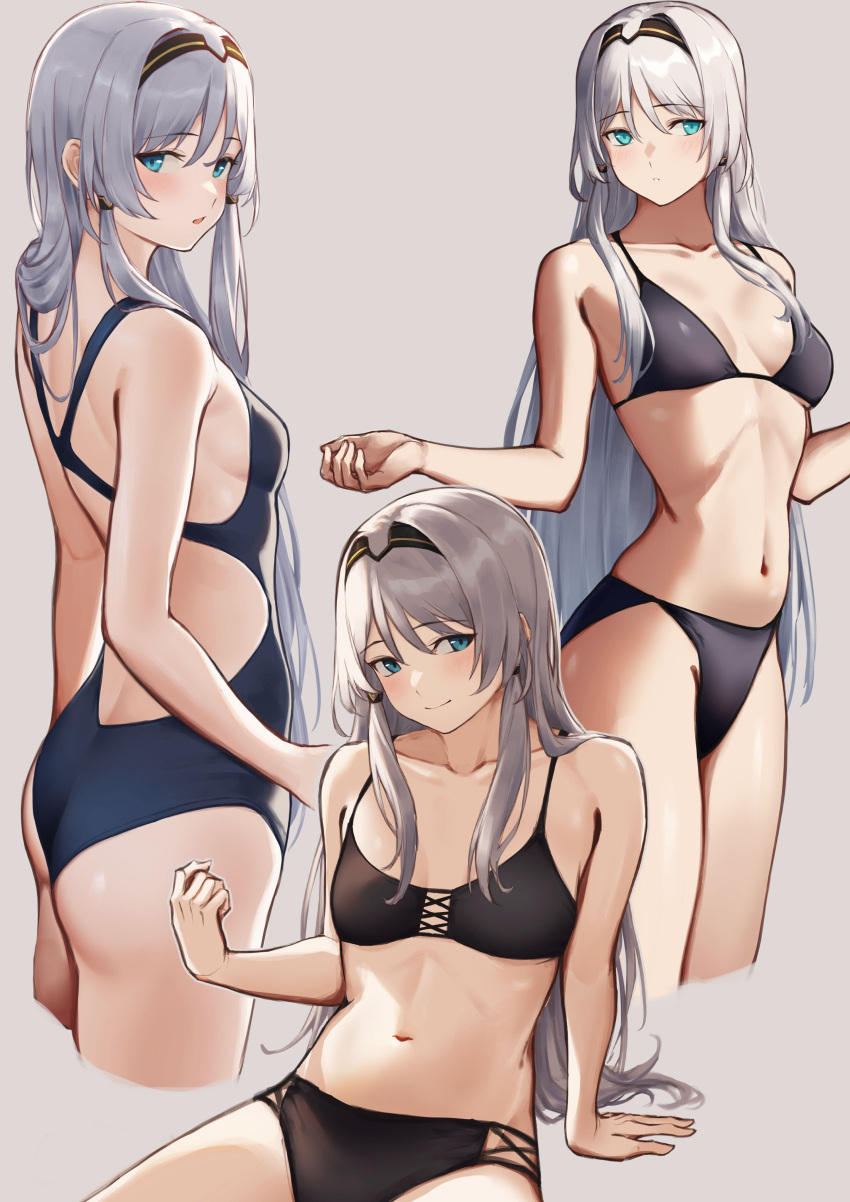 1girl 3_small_spiders absurdres an-94_(girls'_frontline) arm_support ass bikini black_bikini blue_eyes blue_one-piece_swimsuit blush breasts cleavage closed_mouth commentary_request girls'_frontline grey_background grey_hair groin hairband highres light_smile long_hair looking_at_viewer multiple_views navel one-piece_swimsuit simple_background small_breasts swimsuit thighs very_long_hair