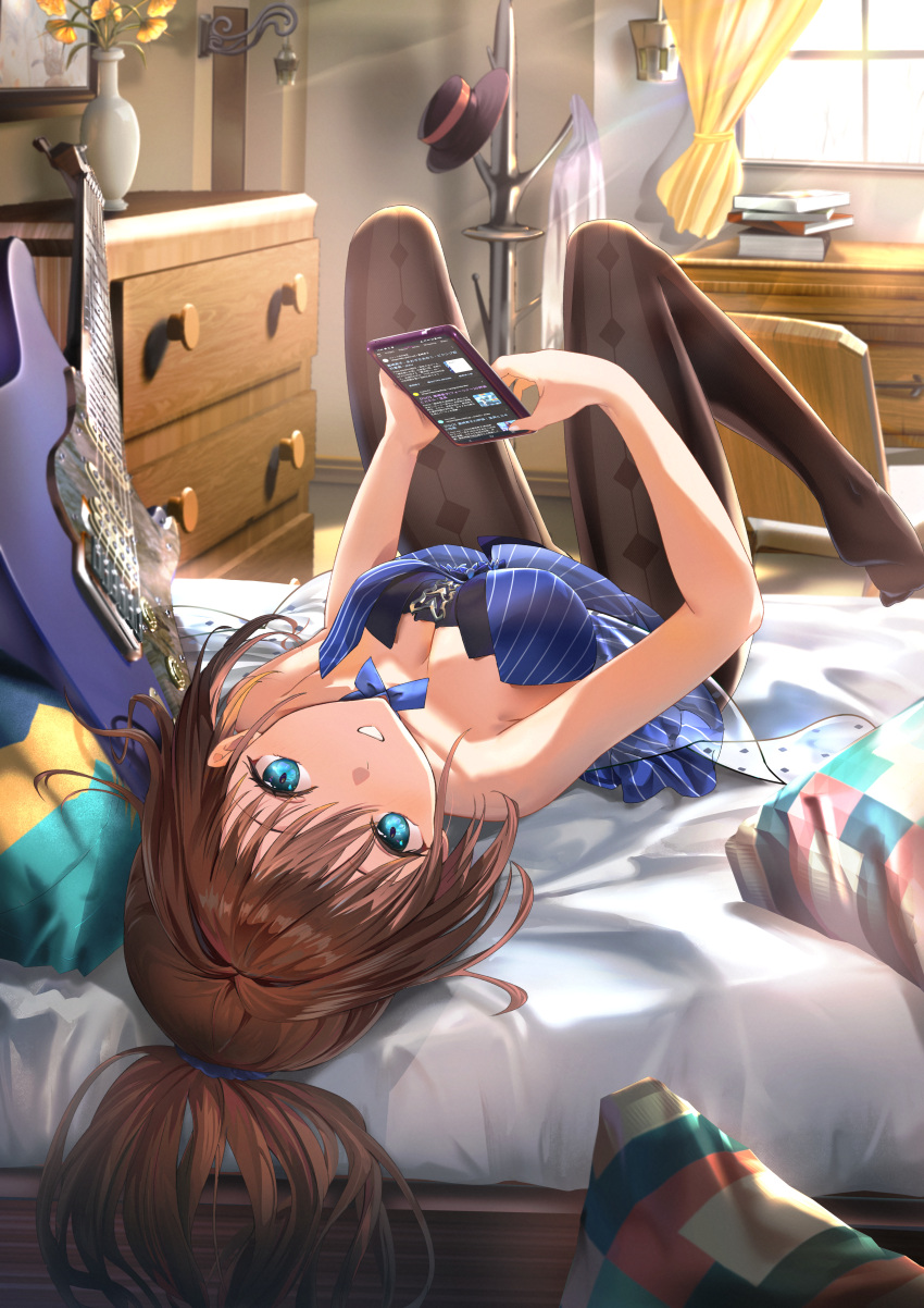 1girl absurdres aozaki_aoko blue_dress blue_eyes blue_footwear blue_skirt breasts brown_hair dress fate/grand_order fate_(series) full_body gloves guitar hair_intakes highres holding holding_phone instrument large_breasts long_hair looking_at_viewer lying mahou_tsukai_no_yoru mosta_(lo1777789) night no_shoes on_back on_bed pantyhose phone ponytail ribbon skirt solo strapless strapless_dress upside-down