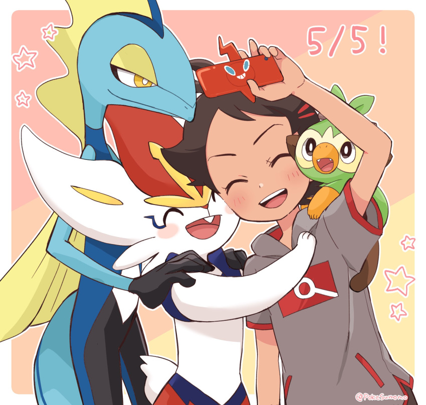 1boy :d arm_up blush border brown_hair cinderace closed_eyes commentary goh_(pokemon) grey_shirt grookey highres holding holding_phone inteleon male_focus open_mouth phone pokemon pokemon_(anime) pokemon_(creature) pokemon_journeys pokesumomo rotom rotom_phone selfie shirt short_hair short_sleeves smile star_(symbol) teeth tongue twitter_username upper_teeth_only watermark white_border