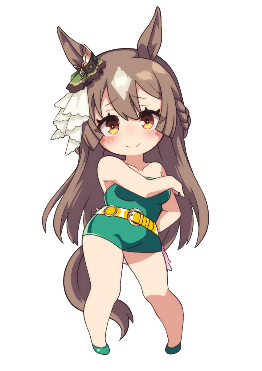 absurdres animal_ears bare_shoulders belt blush breasts brown_hair chibi closed_mouth commentary_request ear_ribbon full_body green_footwear green_ribbon highres horse_ears horse_girl horse_tail long_hair looking_at_viewer medium_breasts ribbon satono_diamond_(umamusume) shoes simple_background smile tail thighs umamusume white_background yellow_belt yellow_eyes yuki_usagi_(agtd5758)