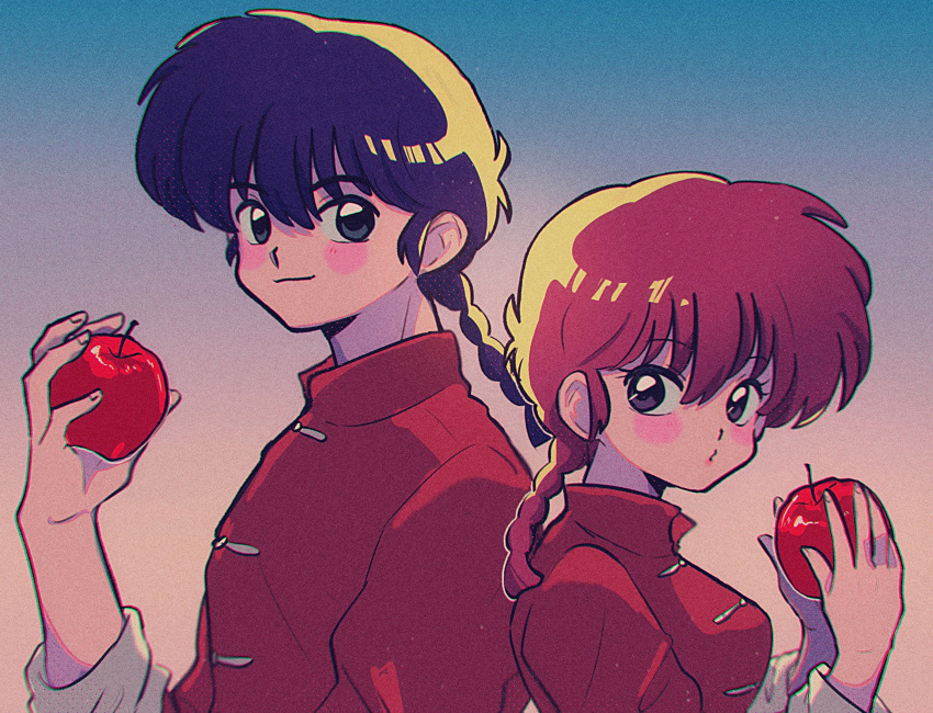 1boy 1girl apple blush_stickers braid braided_ponytail chinese_clothes dual_persona food fruit highres holding holding_food holding_fruit ranma-chan ranma_1/2 saotome_ranma tangzhuang unasan21