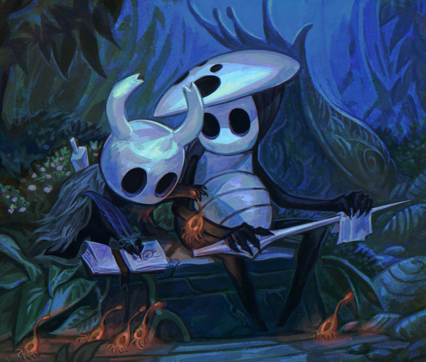 1boy 1other black_cloak book bug cloak commentary english_commentary full_body highres holding holding_rag hollow_knight jekutoda knight_(hollow_knight) leaf looking_at_another mask mask_on_head open_book outdoors polishing quirrel shell sitting sword sword_behind_back weapon white_mask writing