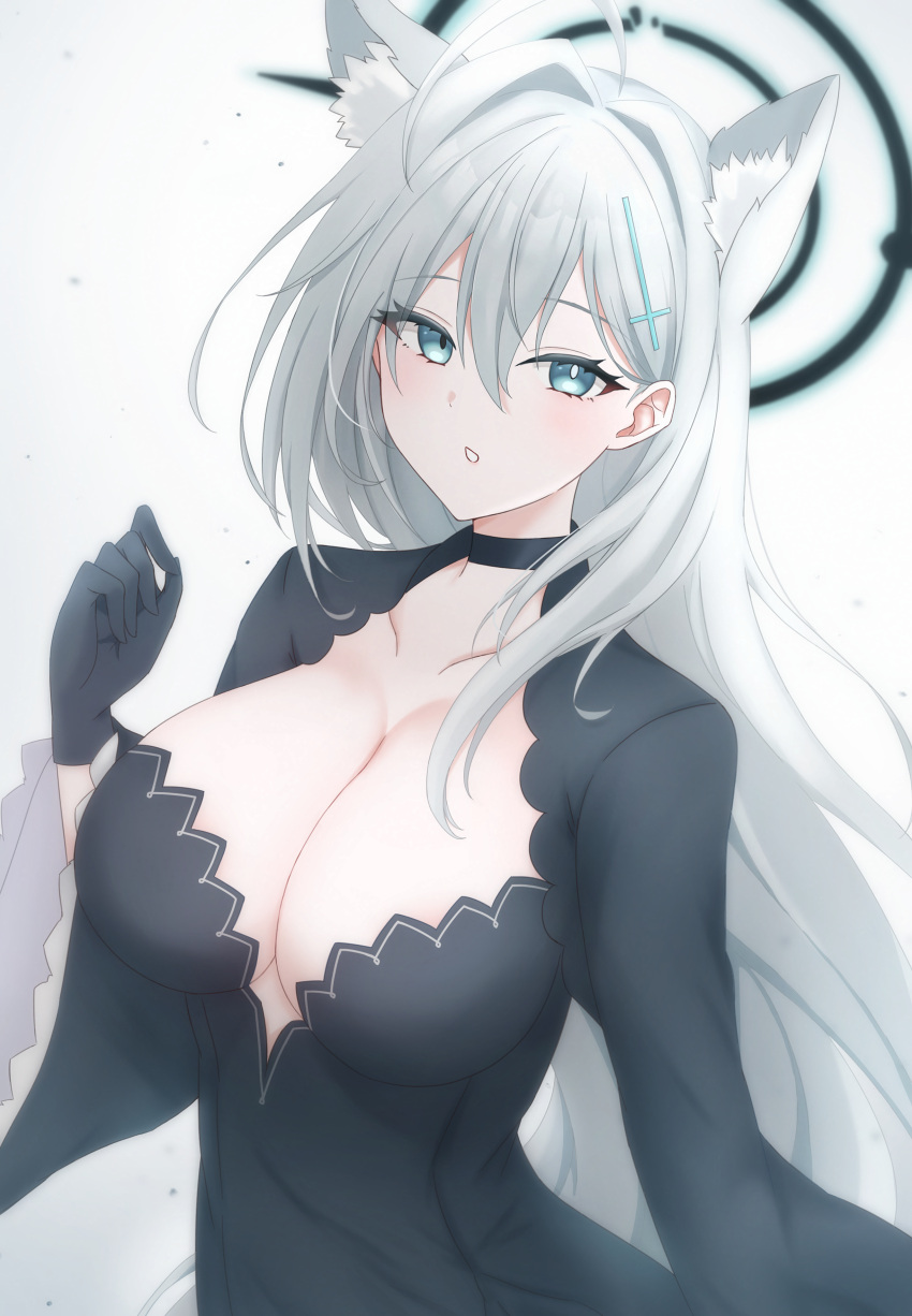 1girl :o absurdres animal_ear_fluff animal_ears black_choker black_dress black_gloves black_halo blue_archive blue_eyes breasts bright_pupils choker cross cross_hair_ornament dress extra_ears gloves grey_hair hair_between_eyes hair_ornament halo highres inverted_cross large_breasts long_hair long_sleeves mismatched_pupils plunging_neckline shiroko_(blue_archive) shiroko_terror_(blue_archive) solo very_long_hair wachikumori white_pupils wide_sleeves wolf_ears wolf_girl