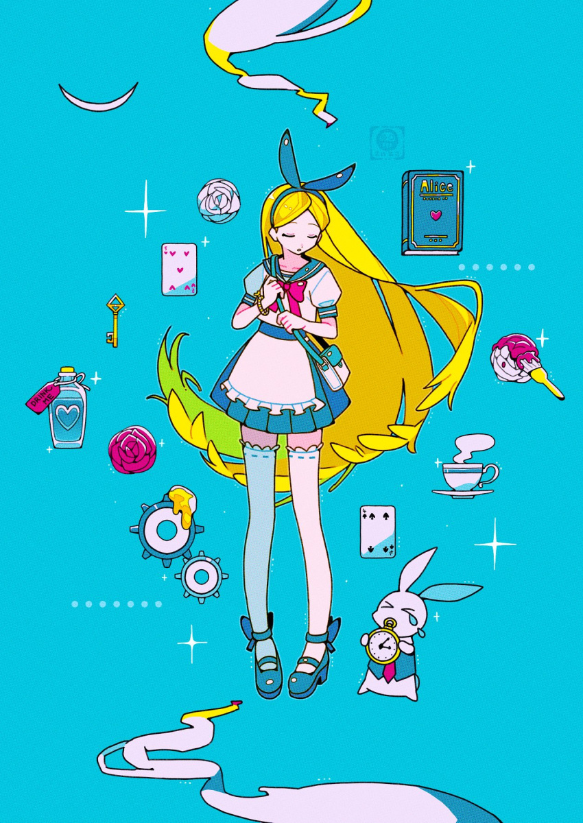 &gt;_&lt; 1girl alice_(alice_in_wonderland) alice_in_wonderland animal apron bag blonde_hair blue_background blue_footwear blue_skirt book bottle bow bowtie bracelet card closed_eyes clothed_animal cup flower frilled_apron frills full_body gears handbag high-waist_skirt high_heels highres holding holding_pocket_watch holding_strap jewelry key long_hair miniskirt paint paintbrush parted_lips playing_card pleated_skirt pocket_watch potion rabbit red_flower red_rose ribbon-trimmed_thighhighs ribbon_trim rose shirt shoes short_sleeves skirt sparkle standing steam teacup tears tenteko_mai51 thighhighs very_long_hair waist_apron watch white_apron white_flower white_rabbit_(alice_in_wonderland) white_rose white_shirt white_thighhighs zettai_ryouiki