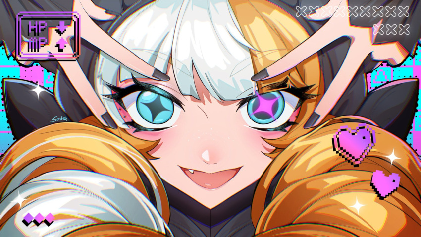 1girl blue_eyes close-up eye_symbol gwen_(league_of_legends) highres league_of_legends long_hair looking_at_viewer makeup mizilone multicolored_hair open_mouth orange_hair smile solo teeth upper_teeth_only white_hair