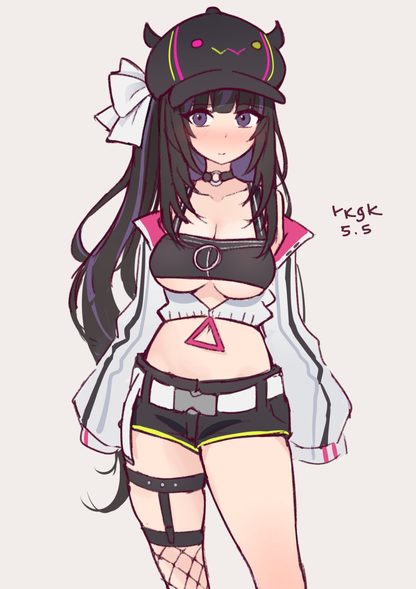 1girl black_hair blush bow breasts choker cleavage cosplay crop_top cropped_jacket hair_bow hat highres hololive indie_virtual_youtuber jacket long_hair m_r_b medium_breasts midriff multicolored_hair navel purple_eyes purple_hair ririsya short_shorts shorts simple_background sleeves_past_fingers sleeves_past_wrists solo streaked_hair tokoyami_towa tokoyami_towa_(1st_costume) tokoyami_towa_(cosplay) white_jacket