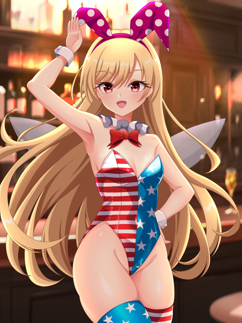 1girl absurdres adapted_costume american_flag american_flag_legwear american_flag_print animal_ears bar_(place) blonde_hair bow bowtie cipher_(user_watm8555) clownpiece cowboy_shot detached_collar fairy_wings flag_print green_eyes highres leotard long_hair playboy_bunny rabbit_ears red_leotard solo strapless strapless_leotard thighhighs touhou wings wrist_cuffs