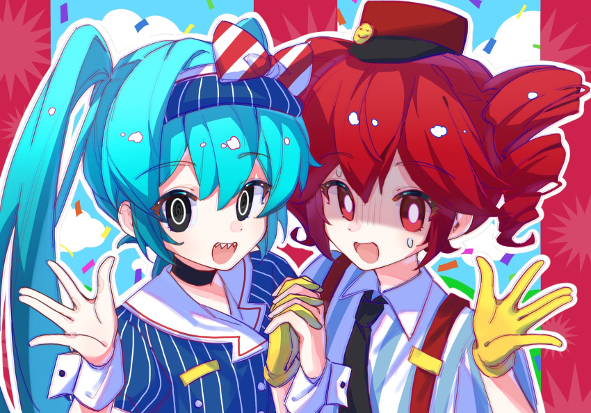 2girls black_choker black_eyes black_necktie blue_hair bow bright_pupils choker collared_shirt commentary diagonal-striped_bow double_breast_sucking drill_hair gloves hair_between_eyes hair_intakes hand_up hat hatsune_miku highres holding_hands kasane_teto long_hair mesmerizer_(vocaloid) multiple_girls necktie open_mouth red_eyes red_hair red_hat sharp_teeth shirt short_sleeves smile striped_clothes striped_shirt su_dong_huo_ji suspenders sweat symbol-only_commentary teeth twin_drills twintails utau vertical-striped_clothes vertical-striped_shirt visor_cap vocaloid white_pupils white_shirt white_wrist_cuffs wrist_cuffs yellow_gloves