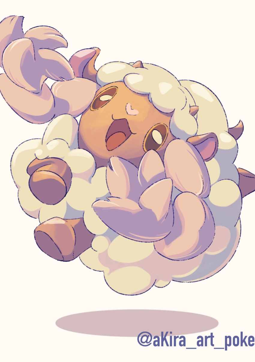 :d akira_(akira_art_poke) bright_pupils brown_eyes commentary happy highres jumping open_mouth pokemon pokemon_(creature) smile symbol-only_commentary tongue twitter_username watermark white_background white_pupils wooloo