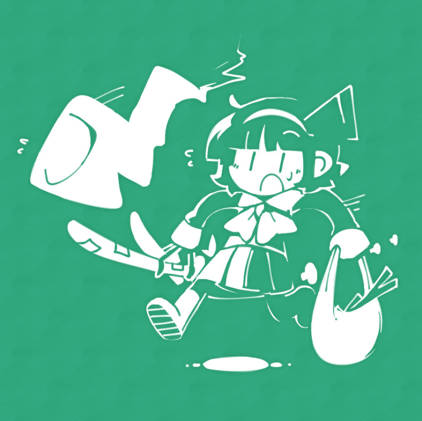 1girl bag flying_sweatdrops green_background hairband highres holding holding_bag konpaku_youmu konpaku_youmu_(ghost) limited_palette long_sleeves open_mouth pleated_skirt running short_hair simple_background skirt slascoplerd solo spring_onion touhou