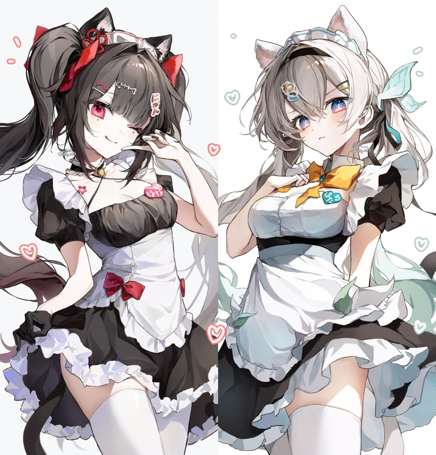 2girls alternate_costume animal_ears apron aqua_hair bell black_dress black_gloves black_hair black_nails bow bowtie breasts cat_ears cleavage closed_mouth collar commentary cowboy_shot criss-cross_halter detached_collar dress enmaided firefly_(honkai:_star_rail) floating_hair frilled_collar frilled_dress frills gloves gradient_hair grey_hair hair_between_eyes halterneck hand_up honkai:_star_rail honkai_(series) kemonomimi_mode long_hair looking_at_viewer maid maid_apron maid_headdress medium_breasts multicolored_hair multiple_girls neck_bell nong_345 one_eye_closed orange_bow orange_bowtie pink_eyes pout puffy_short_sleeves puffy_sleeves red_bow red_eyes short_sleeves signature simple_background single_glove sparkle_(honkai:_star_rail) standing thighhighs tongue tongue_out twintails white_apron white_background white_collar white_thighhighs