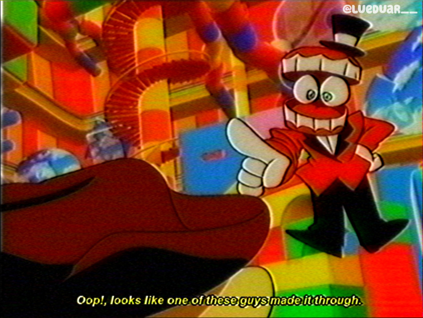 2boys black_pants blurry caine_(the_amazing_digital_circus) dentures derivative_work english_text fake_screenshot gloves gummigoo hat heterochromia indoors lu_(lueduar) multiple_boys pants pointing red_suit screenshot_redraw suit the_amazing_digital_circus top_hat twitter_username white_gloves