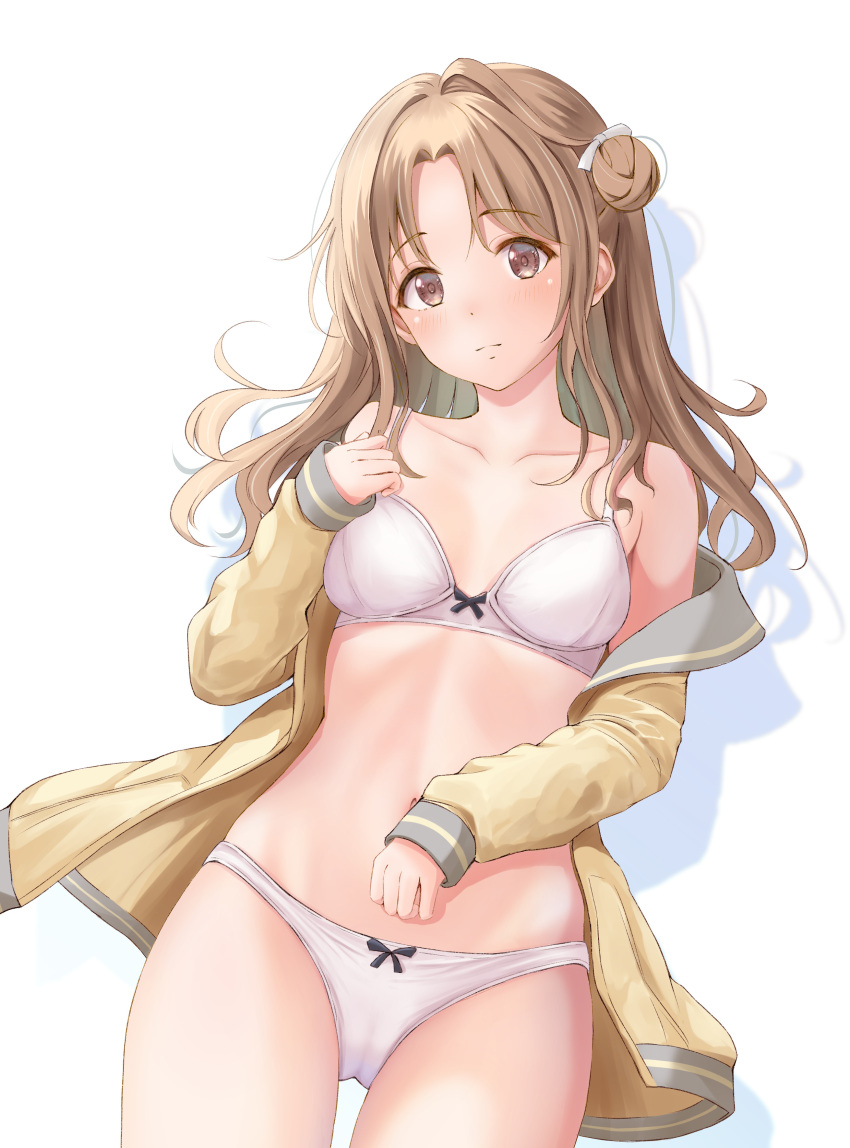 1girl absurdres blush bra breasts brown_hair ca_paria cameltoe cardigan hair_bun highres ichikawa_hinana idolmaster idolmaster_shiny_colors long_hair looking_at_viewer medium_breasts no_pants open_cardigan open_clothes panties single_side_bun solo stomach underwear white_bra white_panties yellow_cardigan