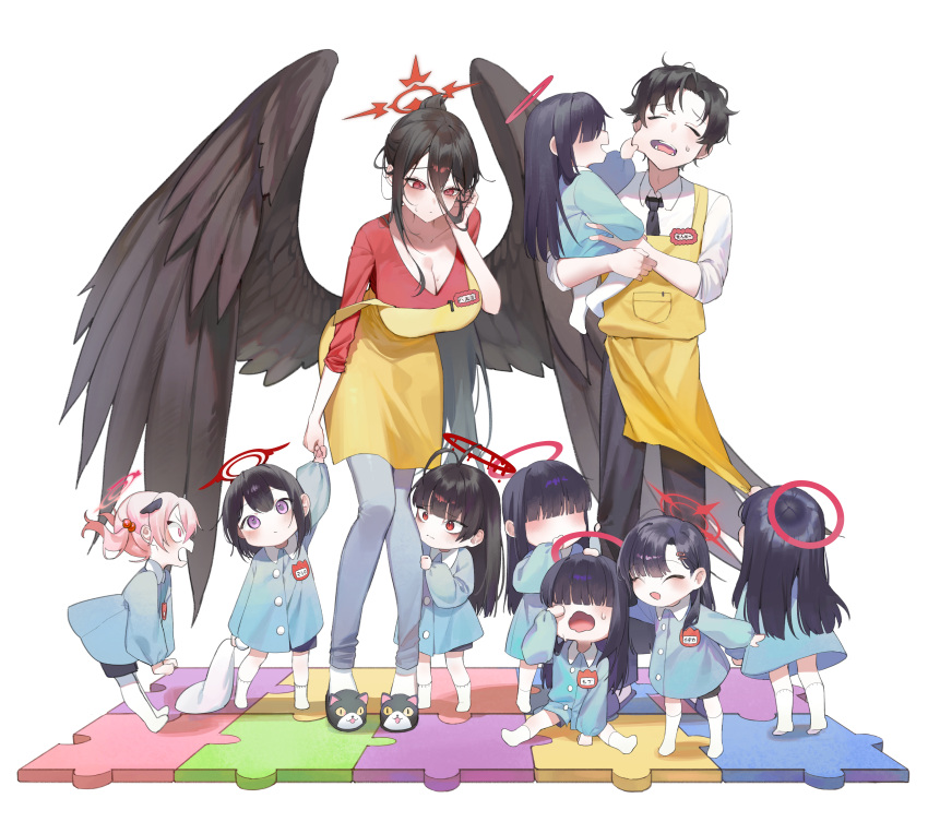 1boy 6+girls ^_^ absurdres aged_down apron beads black_hair black_shorts black_wings blue_archive blue_archive_the_animation blue_dress blush breasts carrying cat_slippers cheek_pinching child child_carry cleavage closed_eyes crying crying_with_eyes_open dress feathered_wings full_body hair_beads hair_ornament hair_over_eyes halo hasumi_(blue_archive) head_wings highres holding_hands huge_breasts ichika_(blue_archive) justice_task_force_member_(blue_archive) kindergarten_uniform kneehighs koharu_(blue_archive) long_hair looking_at_another looking_at_viewer mashiro_(blue_archive) may.l multiple_girls name_tag no_shoes pinching pink_hair ponytail profile purple_eyes red_eyes red_halo red_shirt sensei_(blue_archive) sensei_(blue_archive_the_animation) shirt short_hair shorts smock socks straight_hair sweatdrop tears tsurugi_(blue_archive) twintails white_shirt white_socks wide-eyed wings yellow_apron