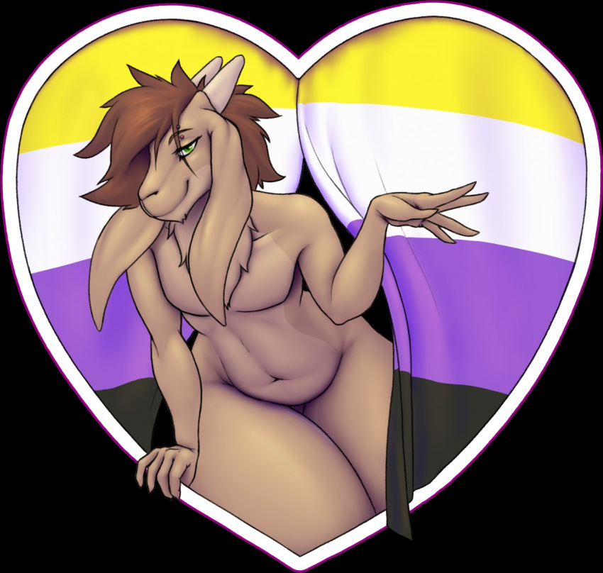 2020 anthro biped bovid caprine flag flag_(object) gesture goat green_eyes hair heart_symbol hi_res jakethegoat jakethegoat_(character) lgbt_pride long_ears looking_at_viewer male mammal navel nonbinary_(lore) nonbinary_pride_colors nude pride_color_flag pride_colors pride_heart short_hair solo suggestive_look